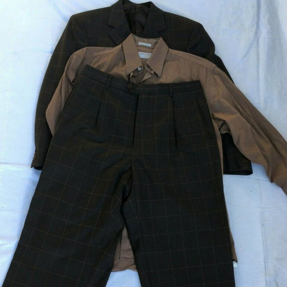 Brown Checkered Enzo Suit Virgin Wool 40R 30x30 Pant, Dress Shirt, Pocket Square - Picture 8 of 12